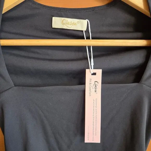 Qinsen Bodysuit Top Square Neck Long Sleeve NWT XS Black Stretchy Snap High Cut - Picture 3 of 5